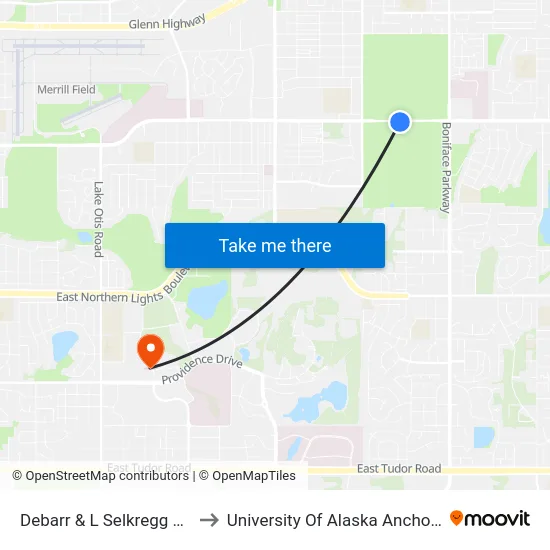 Debarr & L Selkregg Wsw to University Of Alaska Anchorage map