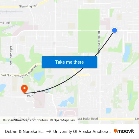 Debarr & Nunaka Ene to University Of Alaska Anchorage map