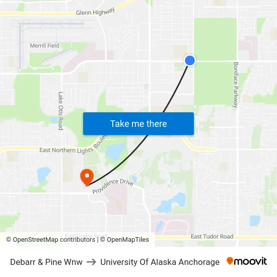 Debarr & Pine Wnw to University Of Alaska Anchorage map
