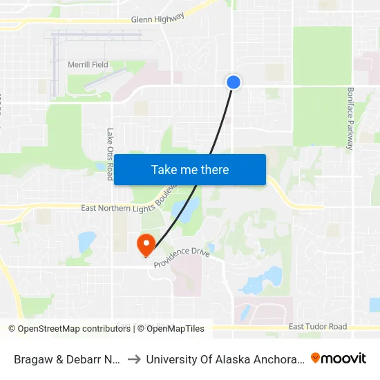 Bragaw & Debarr Nne to University Of Alaska Anchorage map