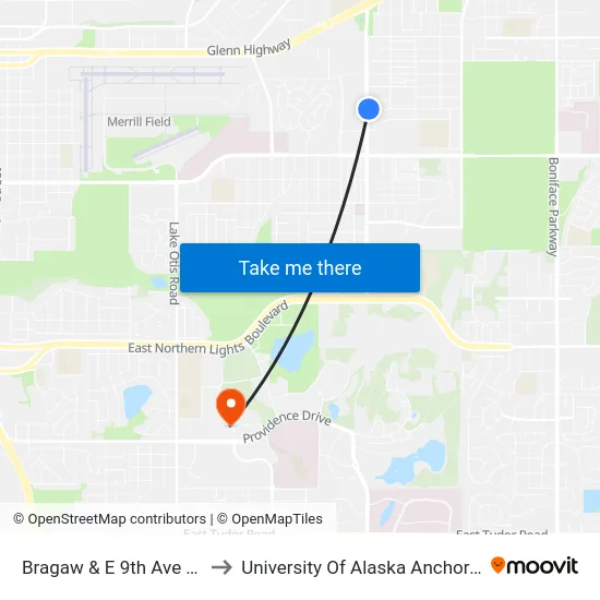 Bragaw & E 9th Ave Sse to University Of Alaska Anchorage map