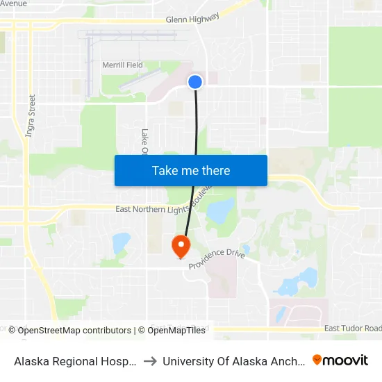 Alaska Regional Hospital N to University Of Alaska Anchorage map