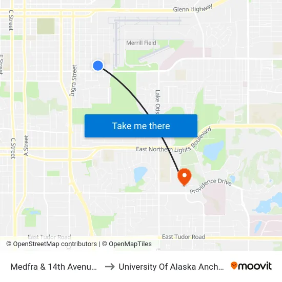 Medfra & 14th Avenue Sse to University Of Alaska Anchorage map