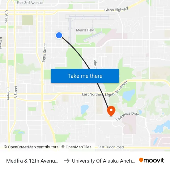 Medfra & 12th Avenue Nne to University Of Alaska Anchorage map