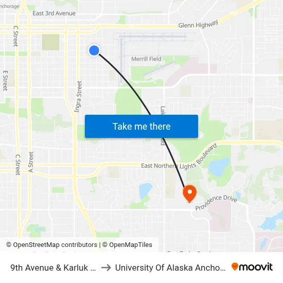 9th Avenue & Karluk Ene to University Of Alaska Anchorage map