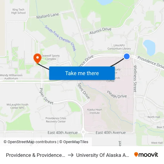 Providence & Providence Hospital to University Of Alaska Anchorage map