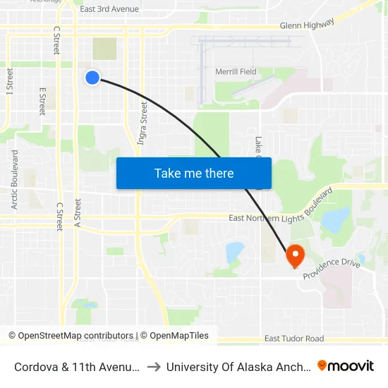 Cordova & 11th Avenue Sse to University Of Alaska Anchorage map