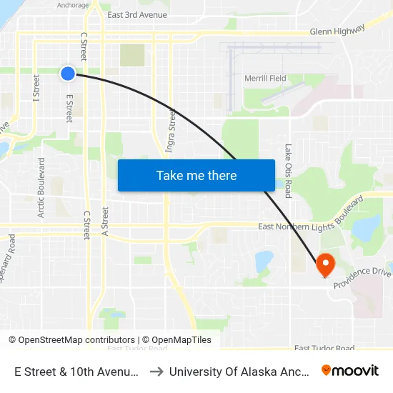 E Street & 10th Avenue Nnw to University Of Alaska Anchorage map