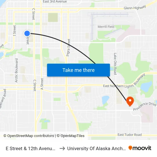 E Street & 12th Avenue Ssw to University Of Alaska Anchorage map