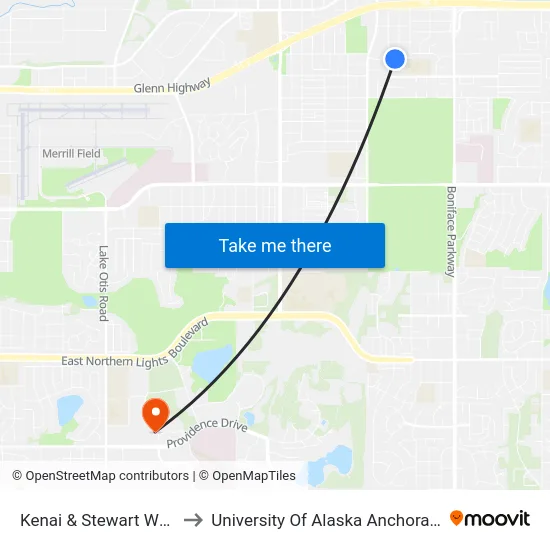 Kenai & Stewart Wsw to University Of Alaska Anchorage map