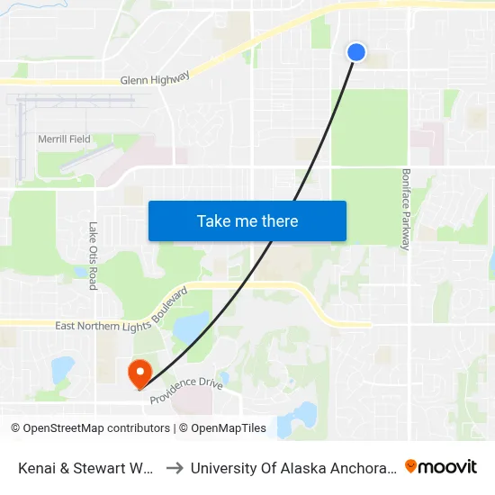 Kenai & Stewart Wnw to University Of Alaska Anchorage map