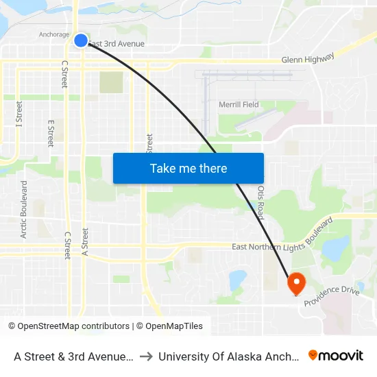 A Street & 3rd Avenue Nne to University Of Alaska Anchorage map