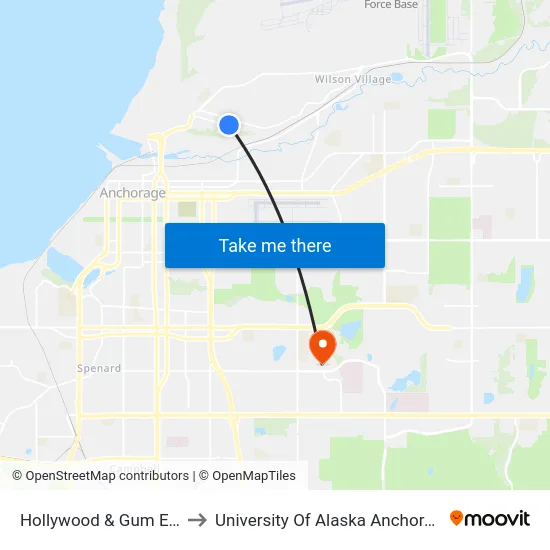 Hollywood & Gum Ene to University Of Alaska Anchorage map