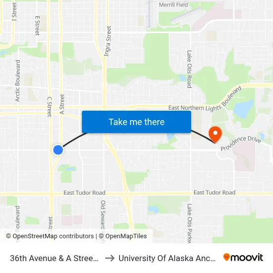 36th Avenue & A Street Wnw to University Of Alaska Anchorage map
