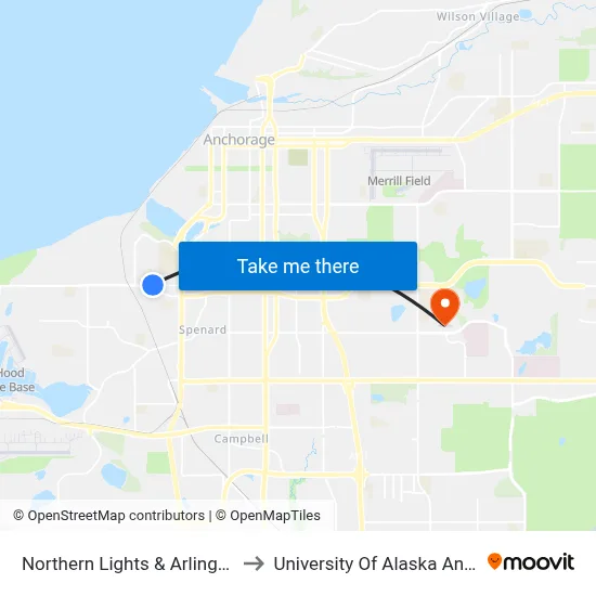 Northern Lights & Arlington Wnw to University Of Alaska Anchorage map
