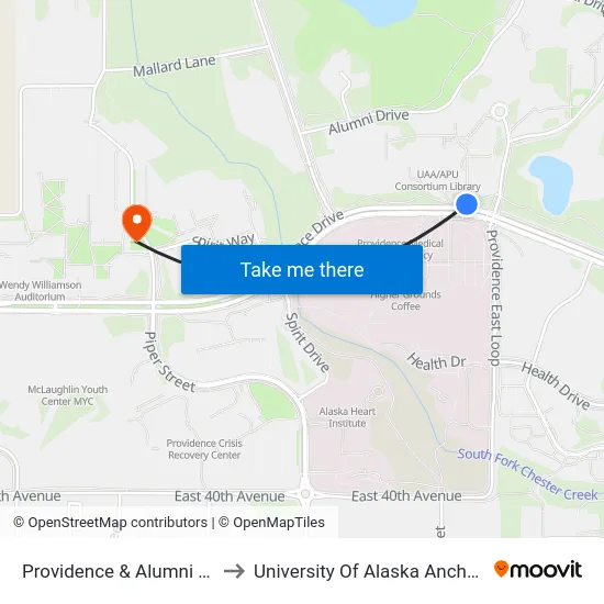 Providence & Alumni Wnw to University Of Alaska Anchorage map