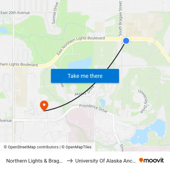 Northern Lights & Bragaw Ese to University Of Alaska Anchorage map