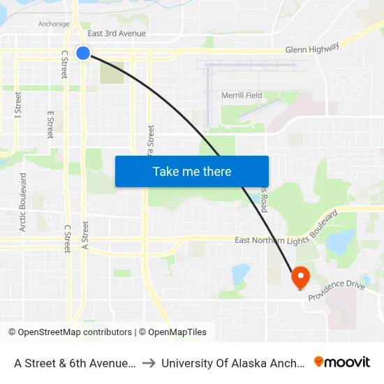 A Street & 6th Avenue Nne to University Of Alaska Anchorage map