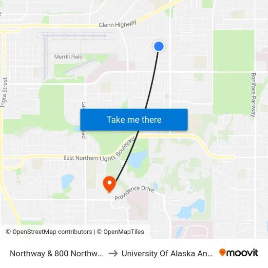 Northway & 800 Northway West to University Of Alaska Anchorage map