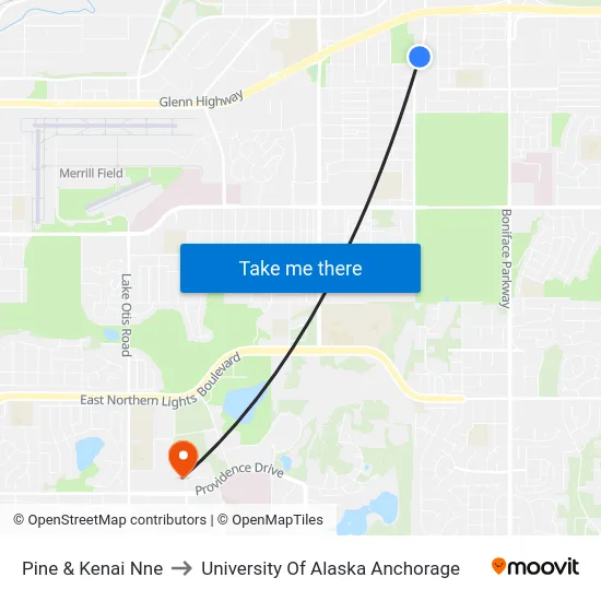 Pine & Kenai Nne to University Of Alaska Anchorage map