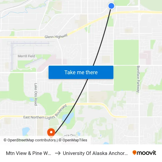 Mtn View & Pine Wnw to University Of Alaska Anchorage map