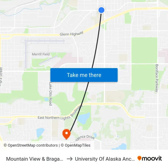 Mountain View & Bragaw Wnw to University Of Alaska Anchorage map