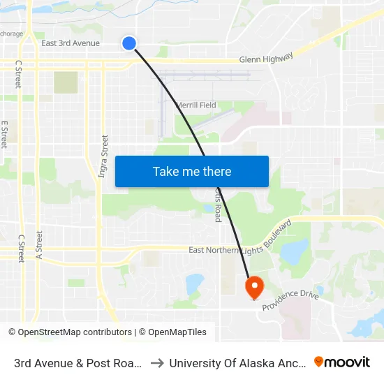 3rd Avenue & Post Road Wnw to University Of Alaska Anchorage map
