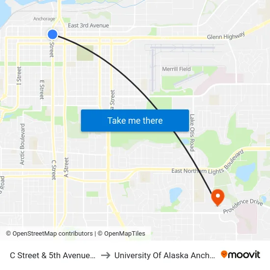 C Street & 5th Avenue Nnw to University Of Alaska Anchorage map
