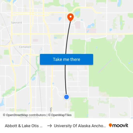 Abbott & Lake Otis Wnw to University Of Alaska Anchorage map