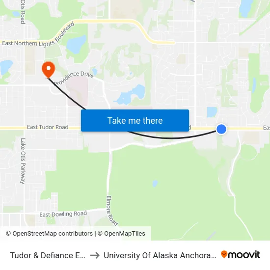 Tudor & Defiance Ese to University Of Alaska Anchorage map