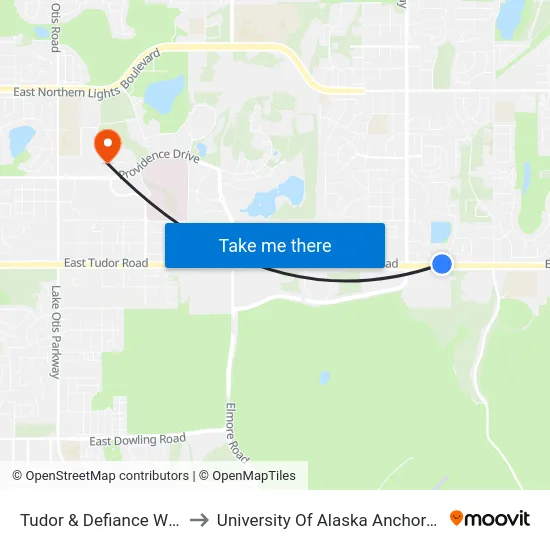 Tudor & Defiance Wnw to University Of Alaska Anchorage map