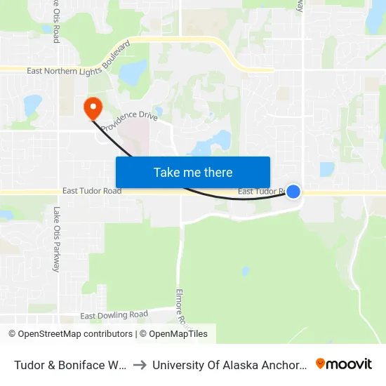 Tudor & Boniface Wnw to University Of Alaska Anchorage map