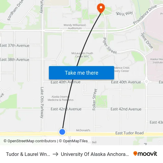 Tudor & Laurel Wnw to University Of Alaska Anchorage map