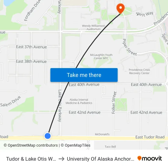 Tudor & Lake Otis Wnw to University Of Alaska Anchorage map