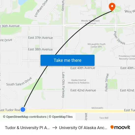 Tudor & University Pl Apt Ene to University Of Alaska Anchorage map