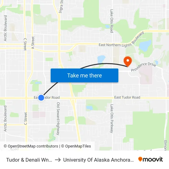 Tudor & Denali Wnw to University Of Alaska Anchorage map