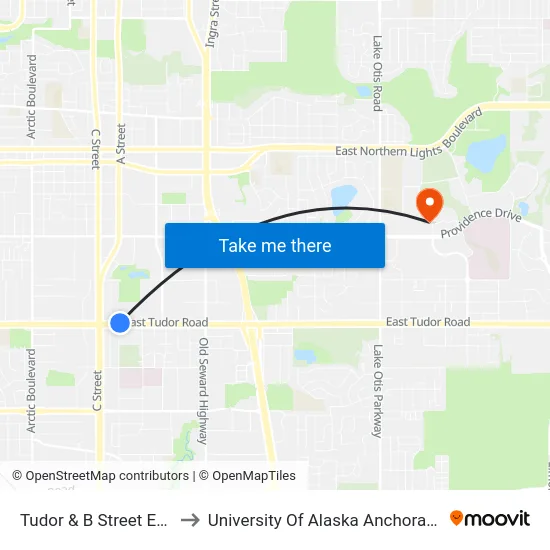 Tudor & B Street Ene to University Of Alaska Anchorage map