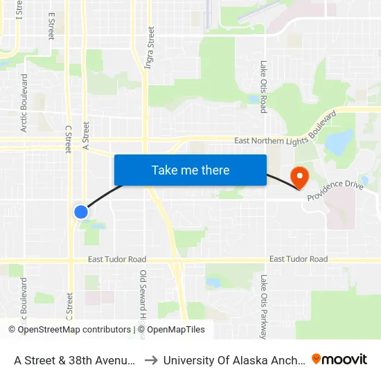 A Street & 38th Avenue Nne to University Of Alaska Anchorage map