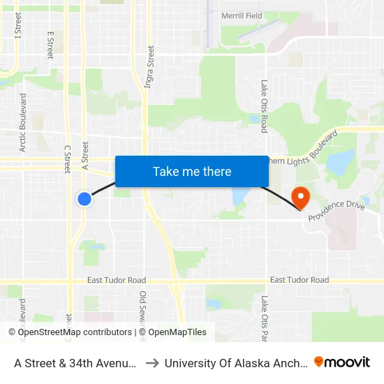A Street & 34th Avenue Nne to University Of Alaska Anchorage map