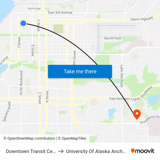Downtown Transit Center to University Of Alaska Anchorage map
