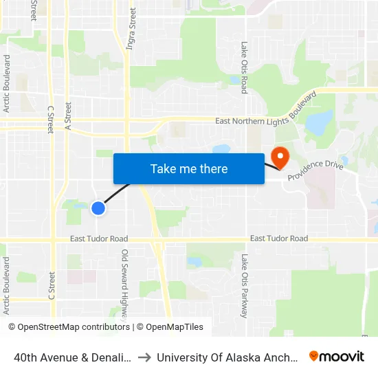 40th Avenue & Denali Ene to University Of Alaska Anchorage map