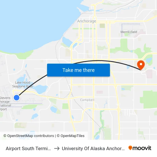 Airport South Terminal to University Of Alaska Anchorage map