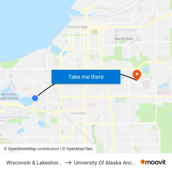 Wisconsin & Lakeshore Nne to University Of Alaska Anchorage map