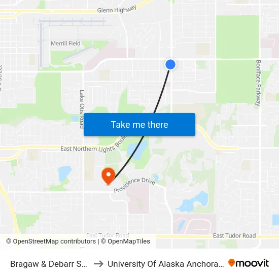 Bragaw & Debarr Ssw to University Of Alaska Anchorage map