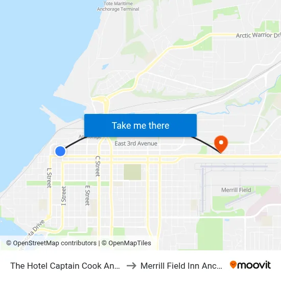 The Hotel Captain Cook Anchorage to Merrill Field Inn Anchorage map