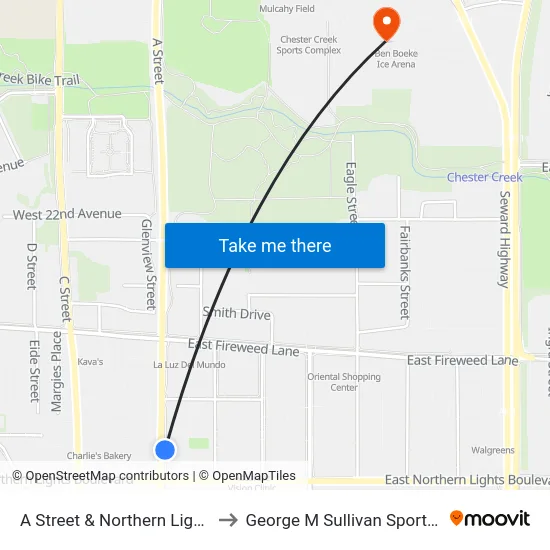 A Street & Northern Lights Nne to George M Sullivan Sports Arena map