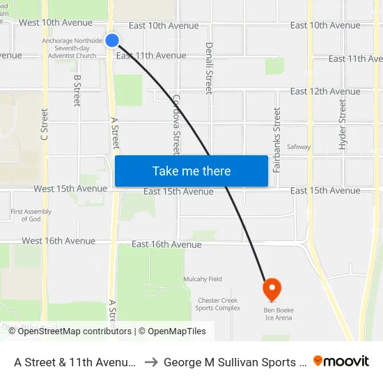 A Street & 11th Avenue Nne to George M Sullivan Sports Arena map