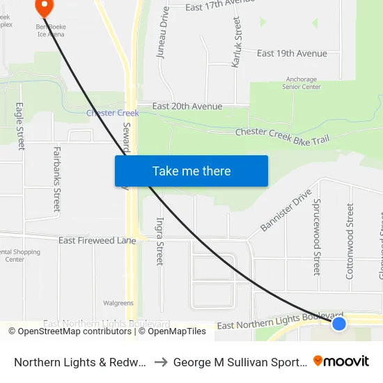 Northern Lights & Redwood Ese to George M Sullivan Sports Arena map