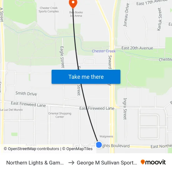 Northern Lights & Gambell Ene to George M Sullivan Sports Arena map