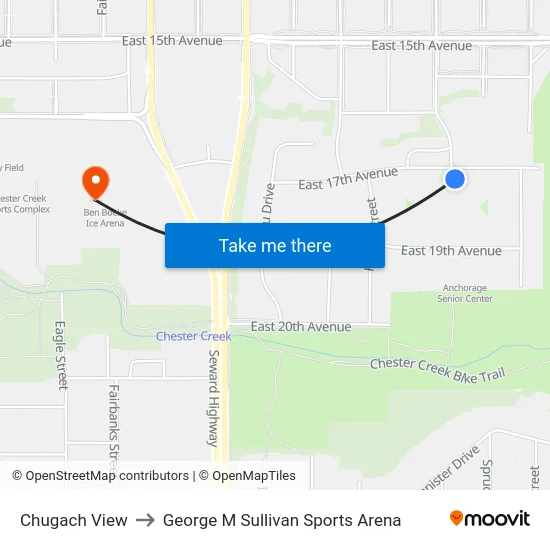 Chugach View to George M Sullivan Sports Arena map